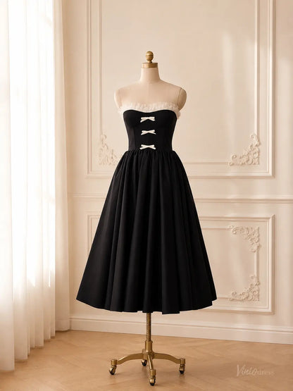 Black Strapless Tea-Length Prom Dresses with White Ruffle Trim & Bow Details AS112