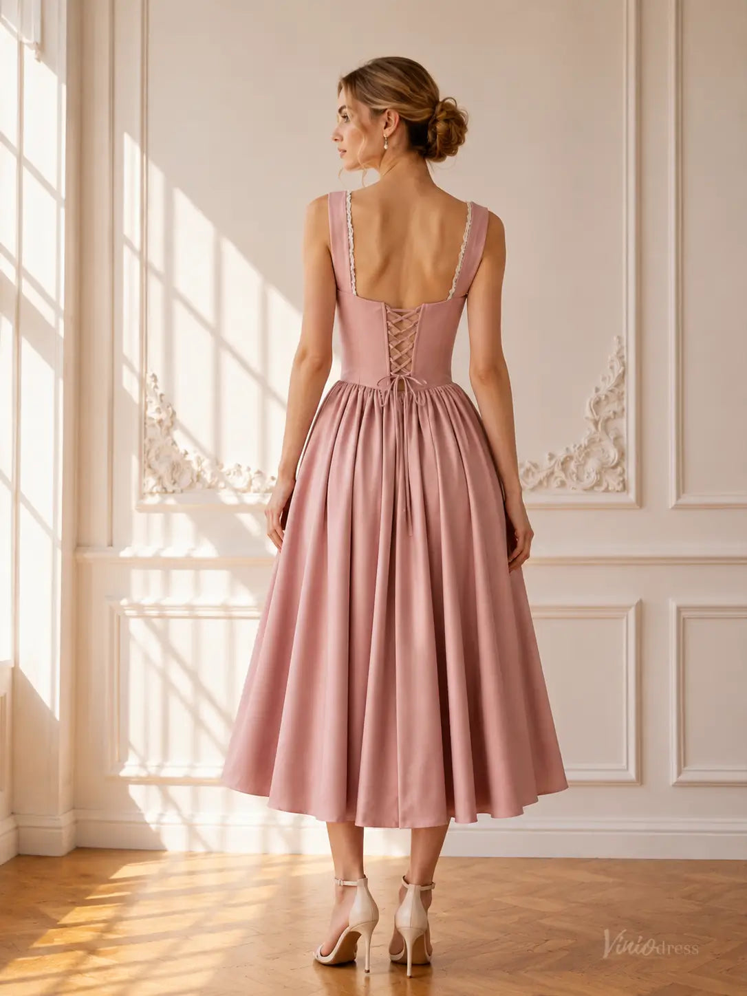 Dusty Pink Tea-Length Prom Dresses with Plunging V-Neck, Corset Back & Bow Details AS113