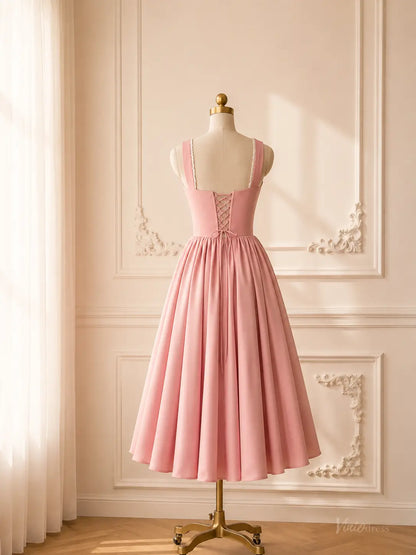 Dusty Pink Tea-Length Prom Dresses with Plunging V-Neck, Corset Back & Bow Details AS113