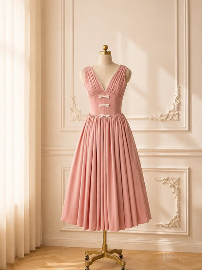 Dusty Pink Tea-Length Prom Dresses with Plunging V-Neck, Corset Back & Bow Details AS113