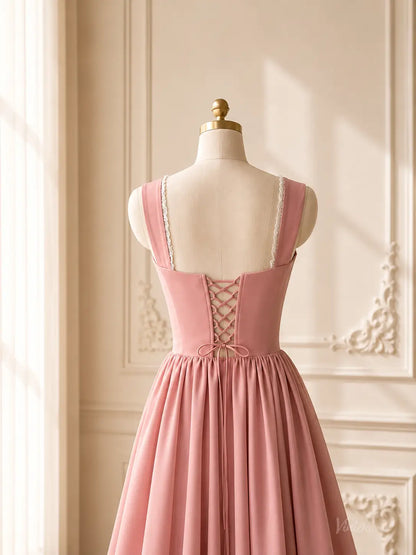 Dusty Pink Tea-Length Prom Dresses with Plunging V-Neck, Corset Back & Bow Details AS113