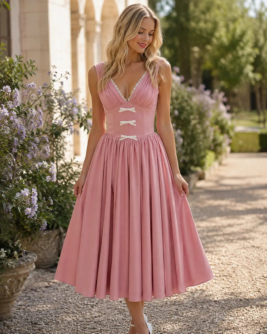 Dusty Pink Tea-Length Prom Dresses with Plunging V-Neck, Corset Back & Bow Details AS113