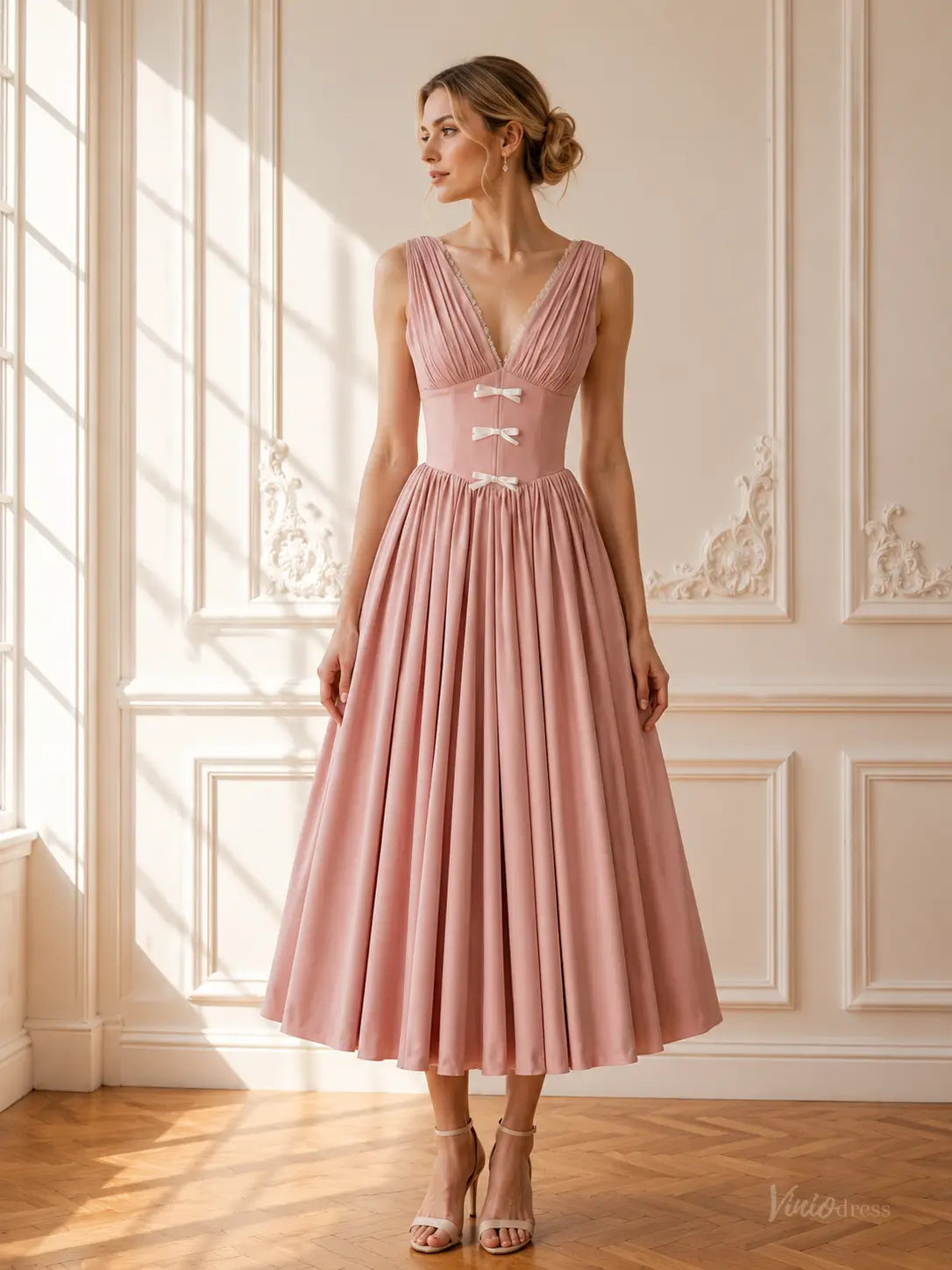 Dusty Pink Tea-Length Prom Dresses with Plunging V-Neck, Corset Back & Bow Details AS113