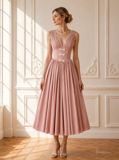 Dusty Pink Tea-Length Prom Dresses with Plunging V-Neck, Corset Back & Bow Details AS113