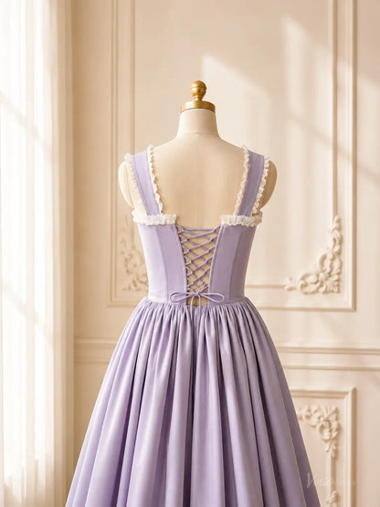 Lavender Tea-Length Prom Dresses with Corset Bodice, Ruffle Trim & Bow Details AS114