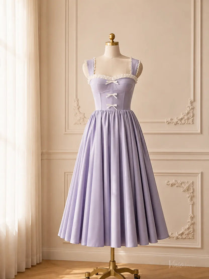 Lavender Tea-Length Prom Dresses with Corset Bodice, Ruffle Trim & Bow Details AS114