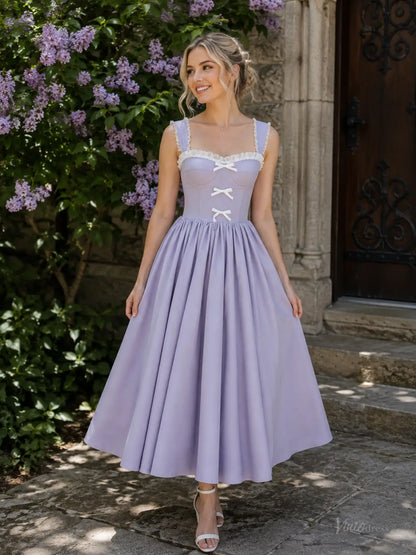 Lavender Tea-Length Prom Dresses with Corset Bodice, Ruffle Trim & Bow Details AS114