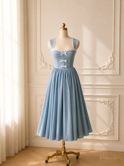 Lavender Tea-Length Prom Dresses with Corset Bodice, Ruffle Trim & Bow Details AS114