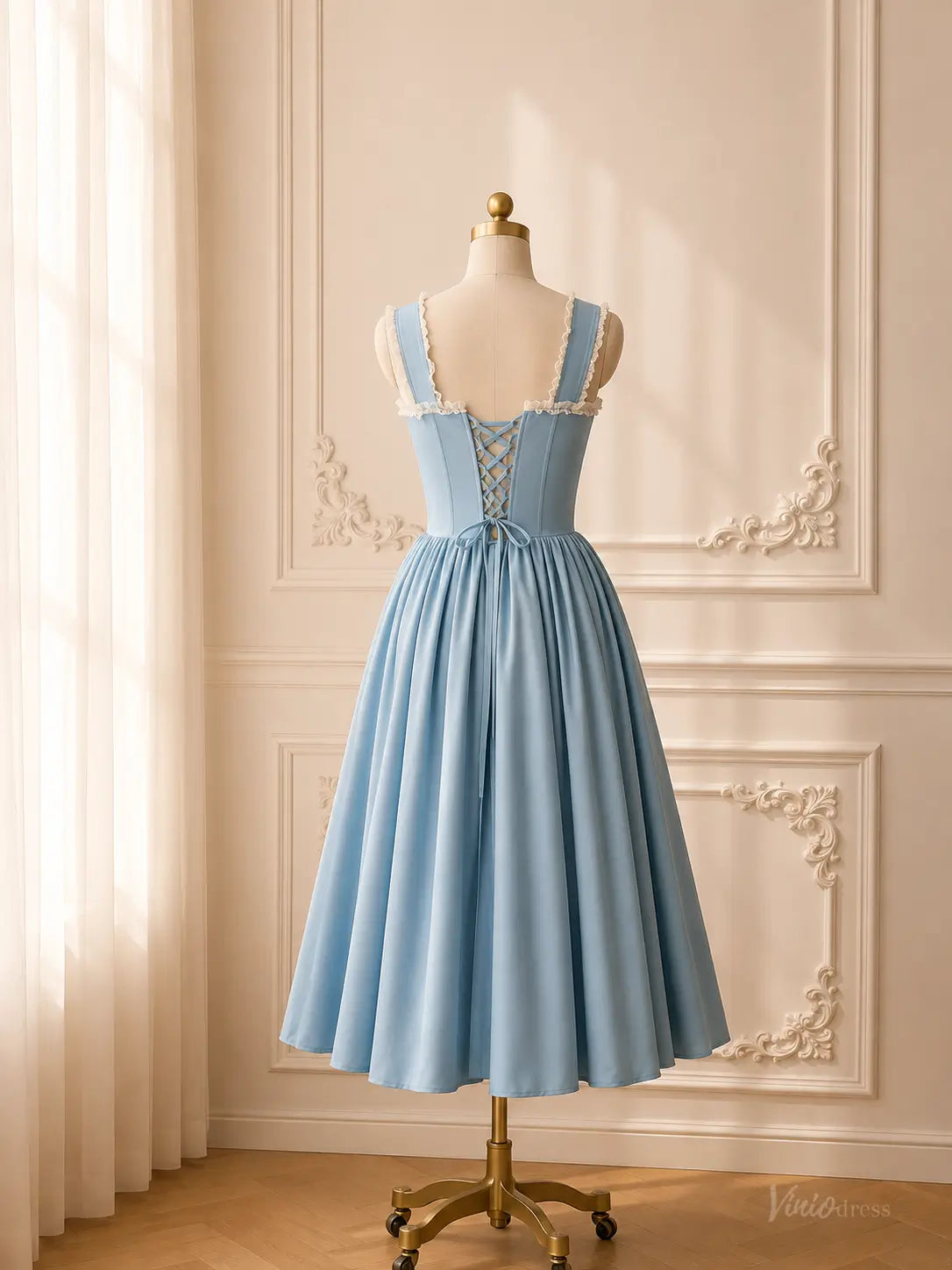 Lavender Tea-Length Prom Dresses with Corset Bodice, Ruffle Trim & Bow Details AS114