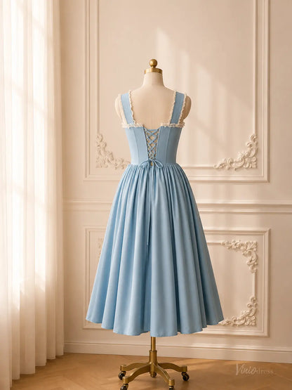 Lavender Tea-Length Prom Dresses with Corset Bodice, Ruffle Trim & Bow Details AS114