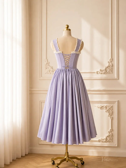 Lavender Tea-Length Prom Dresses with Corset Bodice, Ruffle Trim & Bow Details AS114