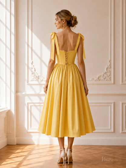Yellow Tea-Length Prom Dresses with Corset Bodice, Bow Straps & Lace-Up Back AS1115