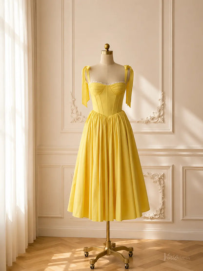 Yellow Tea-Length Prom Dresses with Corset Bodice, Bow Straps & Lace-Up Back AS1115