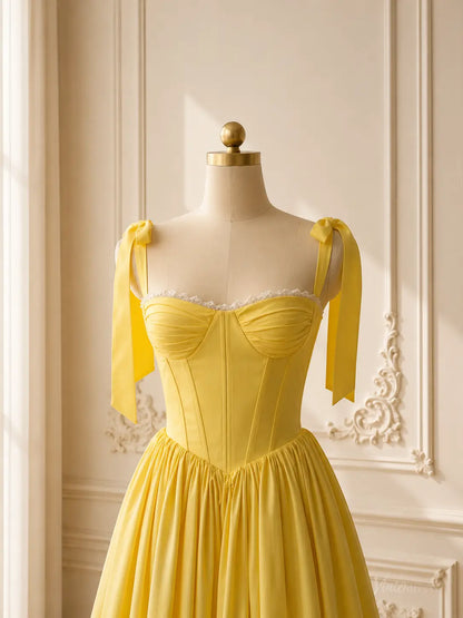 Yellow Tea-Length Prom Dresses with Corset Bodice, Bow Straps & Lace-Up Back AS1115