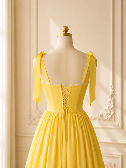 Yellow Tea-Length Prom Dresses with Corset Bodice, Bow Straps & Lace-Up Back AS1115