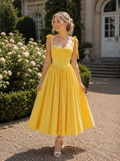 Yellow Tea-Length Prom Dresses with Corset Bodice, Bow Straps & Lace-Up Back AS1115