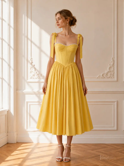 Yellow Tea-Length Prom Dresses with Corset Bodice, Bow Straps & Lace-Up Back AS1115