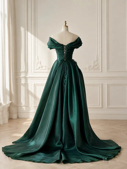 Emerald Green Satin Prom Dresses with Off-Shoulder Draping, Slit & Corset Back AS116