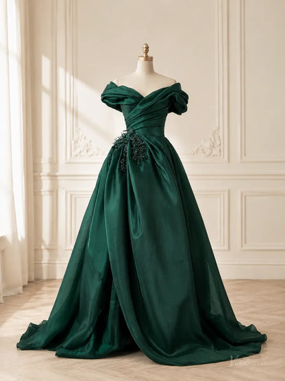 Emerald Green Satin Prom Dresses with Off-Shoulder Draping, Slit & Corset Back AS116