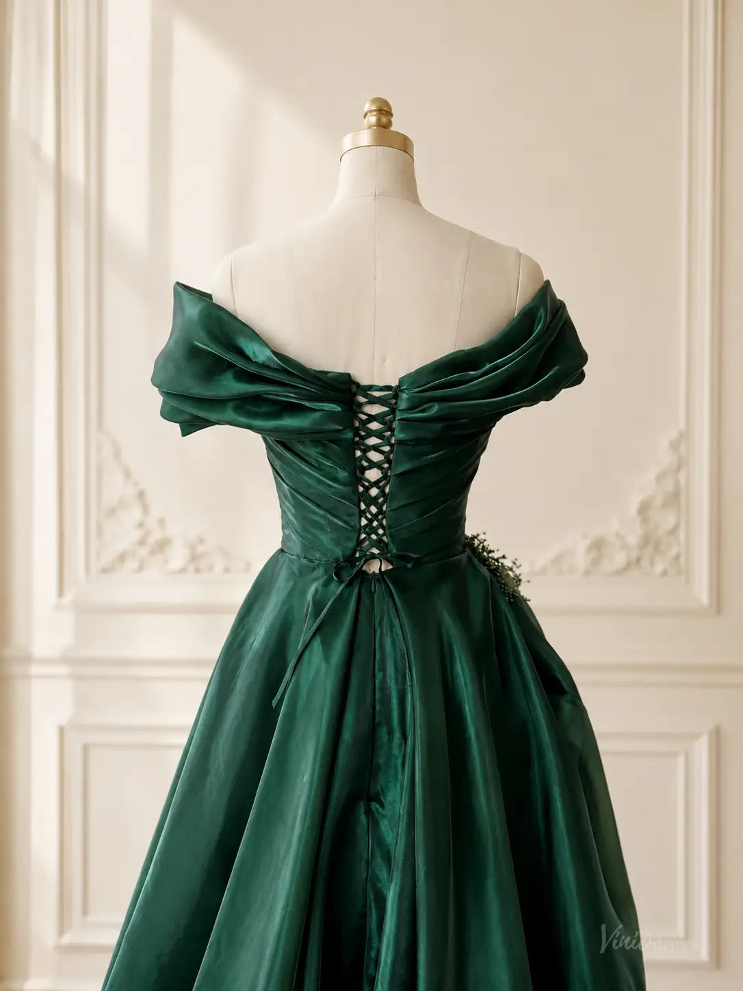 Emerald Green Satin Prom Dresses with Off-Shoulder Draping, Slit & Corset Back AS116