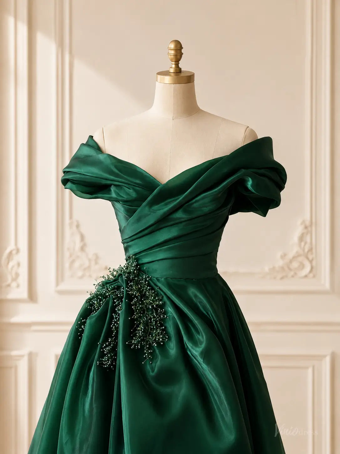 Emerald Green Satin Prom Dresses with Off-Shoulder Draping, Slit & Corset Back AS116
