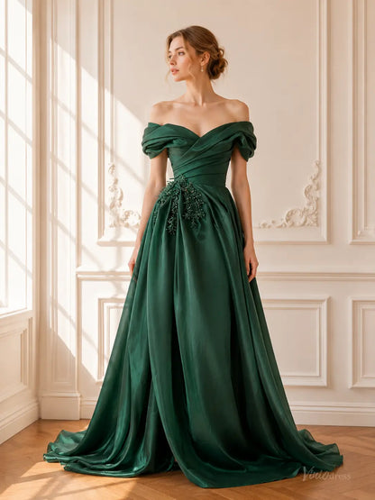 Emerald Green Satin Prom Dresses with Off-Shoulder Draping, Slit & Corset Back AS116