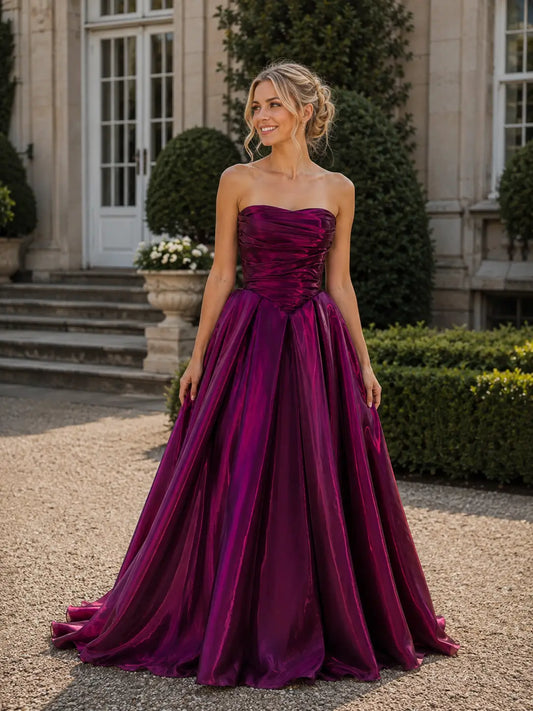 Burgundy Plum Shiny Satin Prom Dresses with Strapless Ruched Bodice & Corset Back AS117