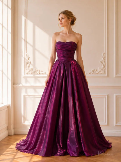 Burgundy Plum Shiny Satin Prom Dresses with Strapless Ruched Bodice & Corset Back AS117