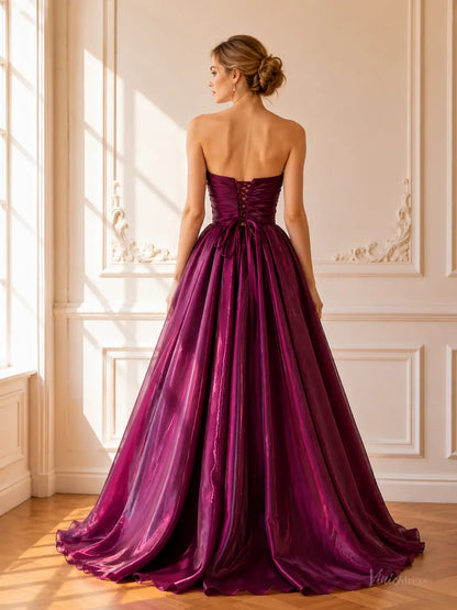 Burgundy Plum Shiny Satin Prom Dresses with Strapless Ruched Bodice & Corset Back AS117
