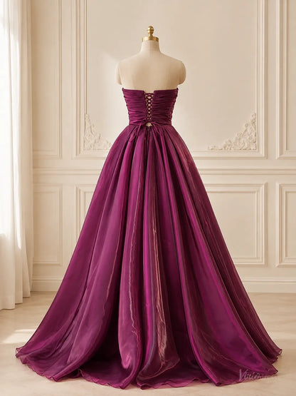 Burgundy Plum Shiny Satin Prom Dresses with Strapless Ruched Bodice & Corset Back AS117