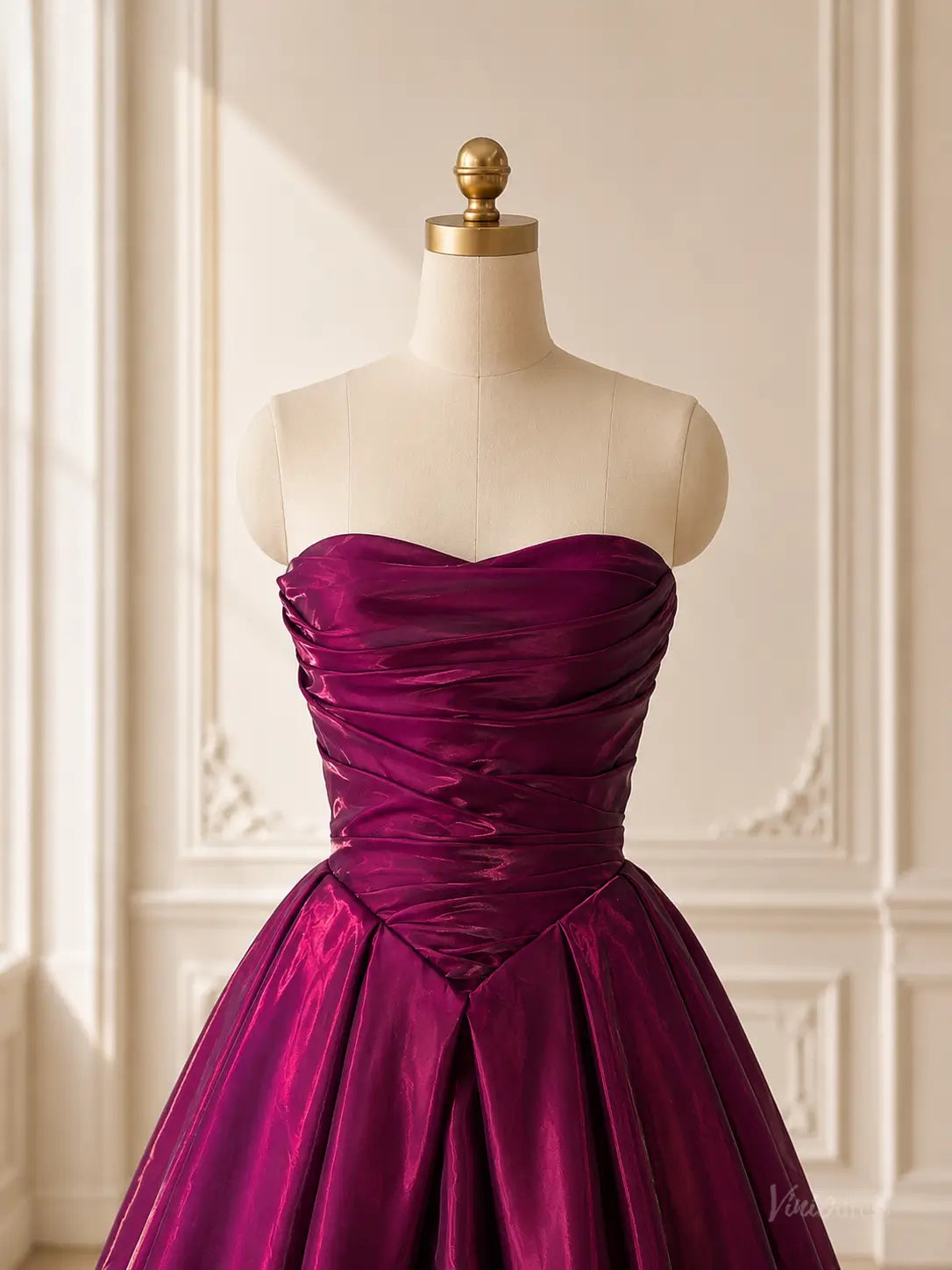 Burgundy Plum Shiny Satin Prom Dresses with Strapless Ruched Bodice & Corset Back AS117