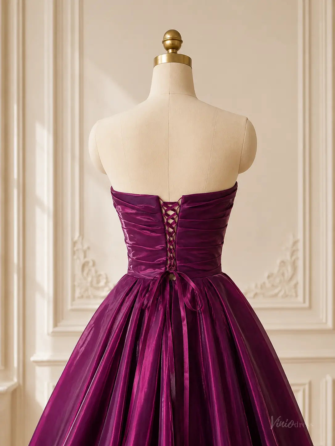 Burgundy Plum Shiny Satin Prom Dresses with Strapless Ruched Bodice & Corset Back AS117