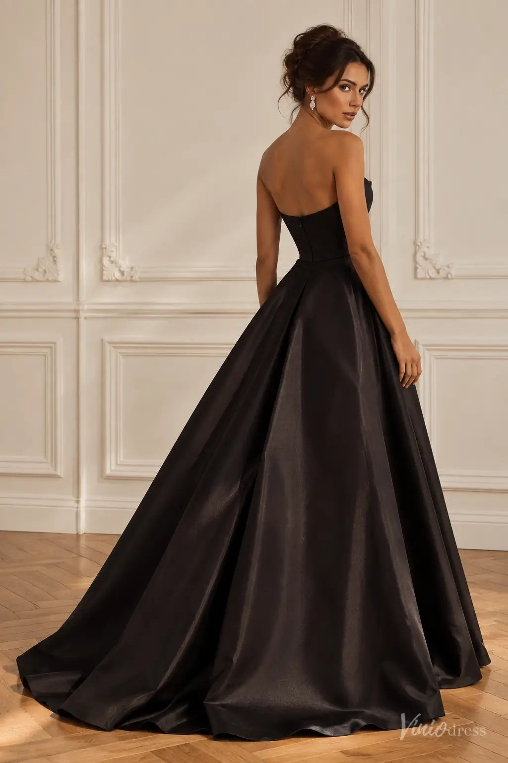 Black & Pink Strapless Satin A-Line Prom Dress with 3D Rosette & High Slit AS121