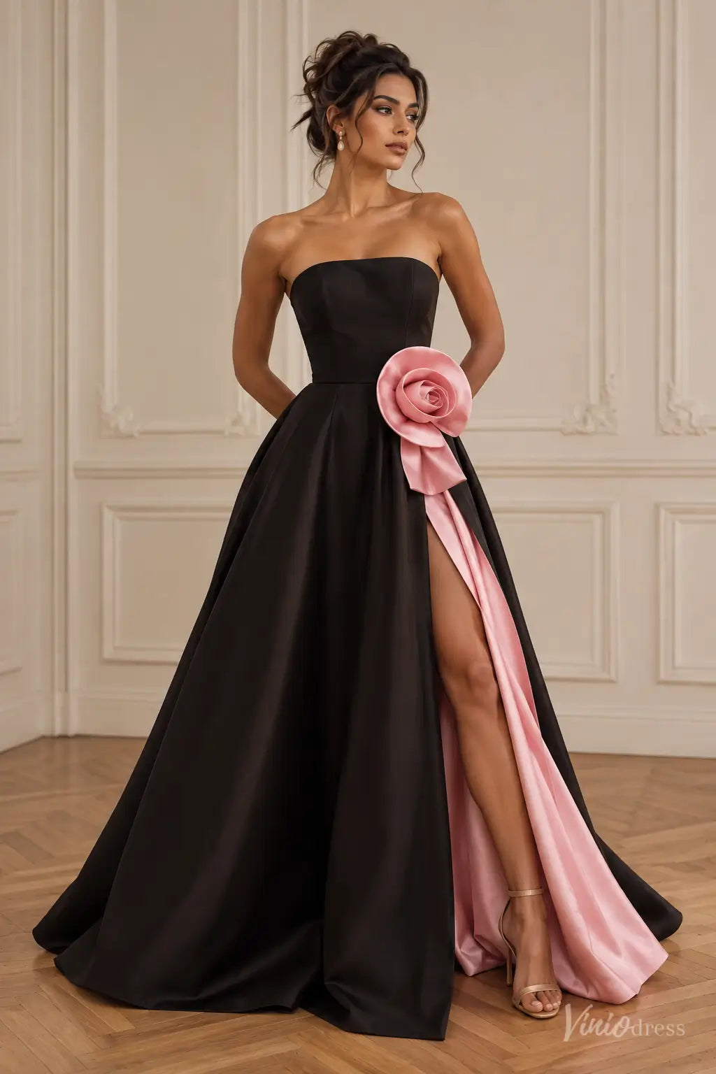 Black & Pink Strapless Satin A-Line Prom Dress with 3D Rosette & High Slit AS121