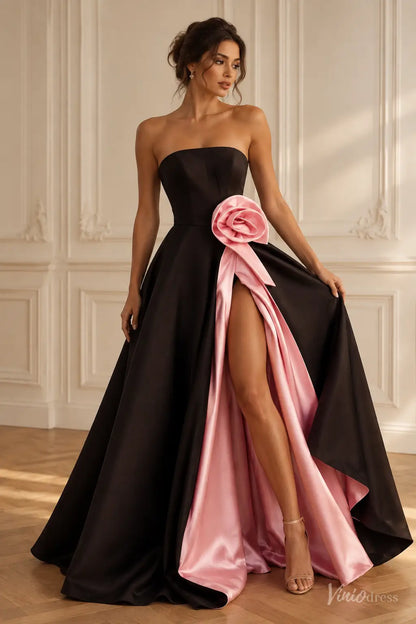 Black & Pink Strapless Satin A-Line Prom Dress with 3D Rosette & High Slit AS121