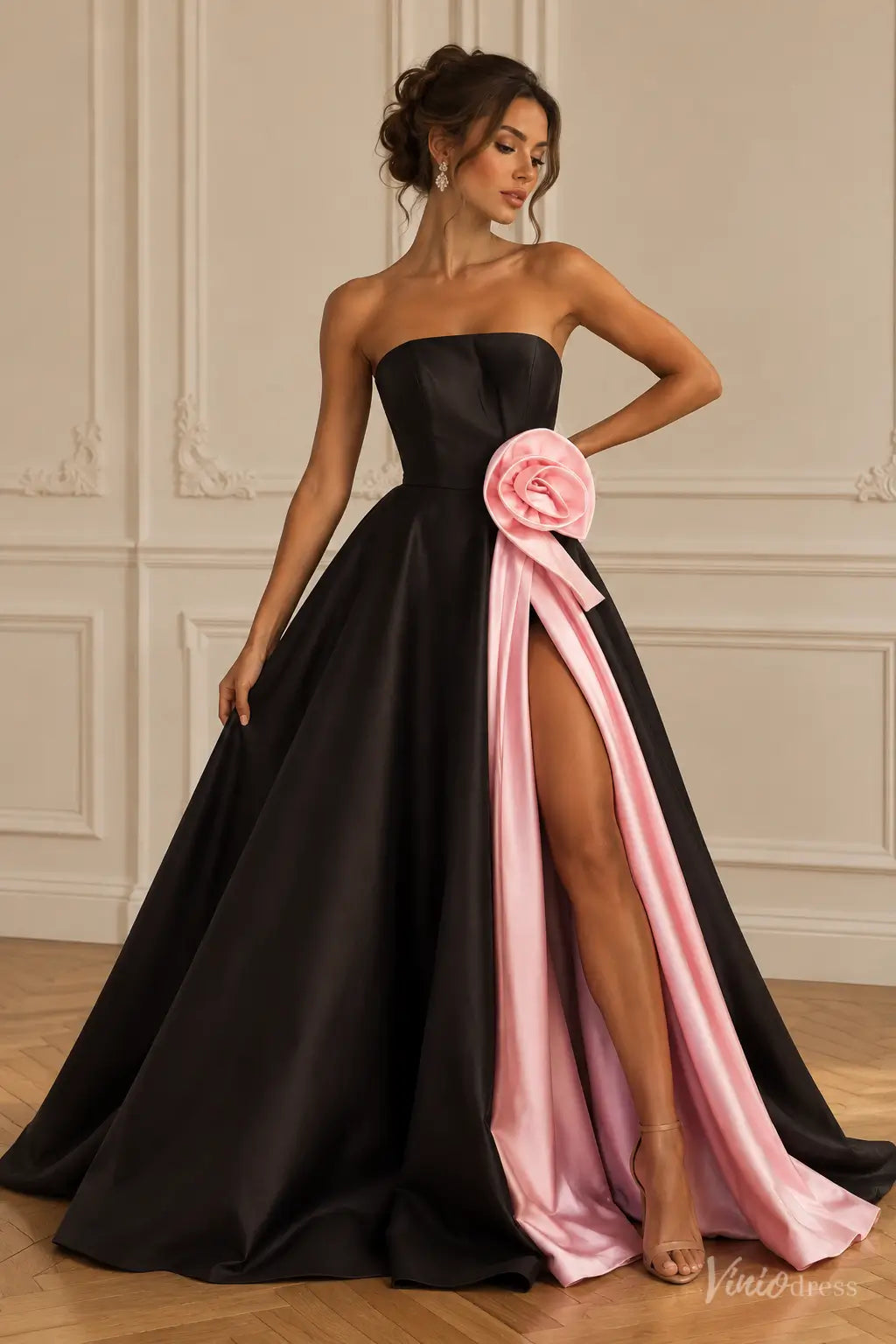 Black & Pink Strapless Satin A-Line Prom Dress with 3D Rosette & High Slit AS121