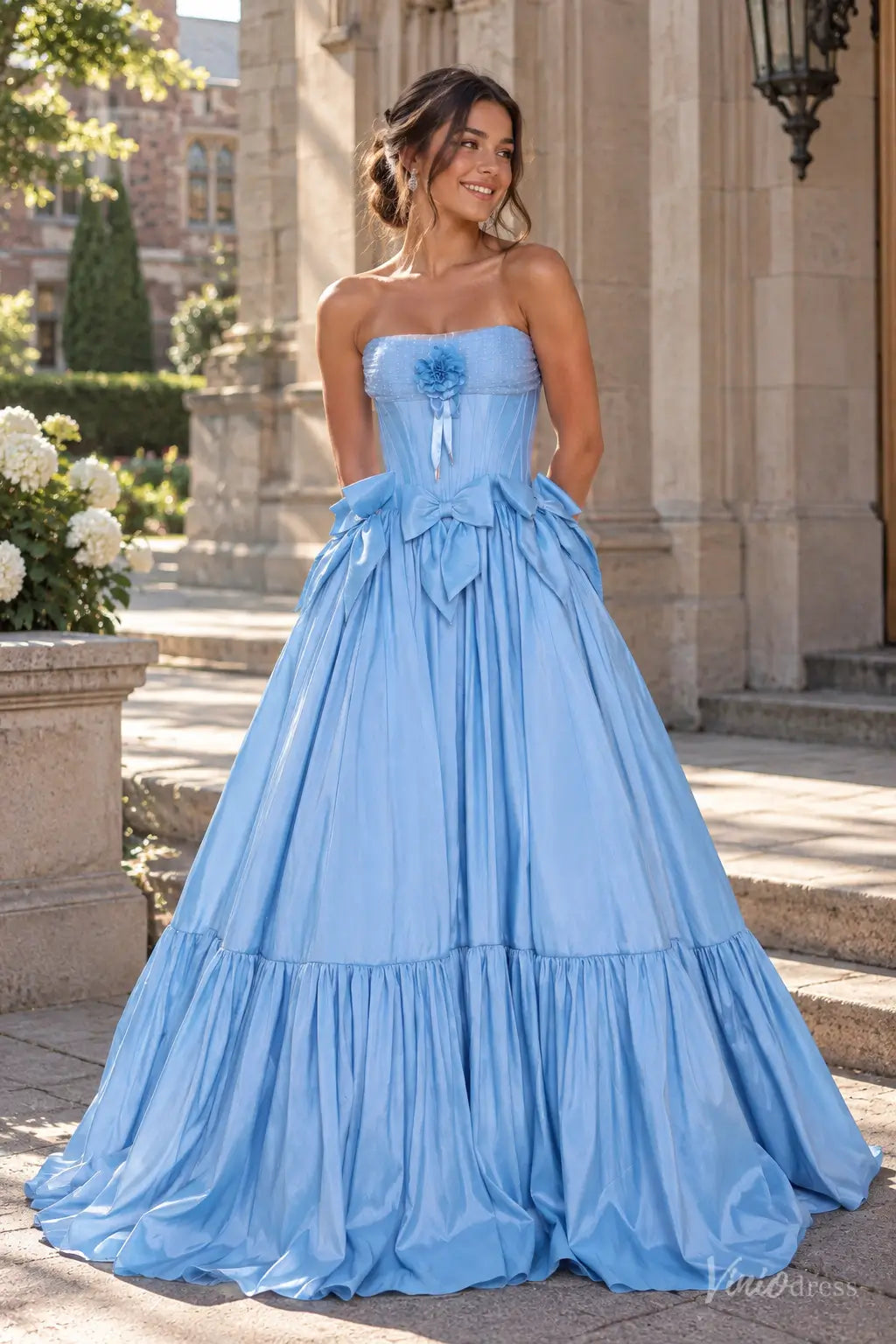 Strapless Satin Corset Ball Gown Prom Dress with Removable Bows AS122