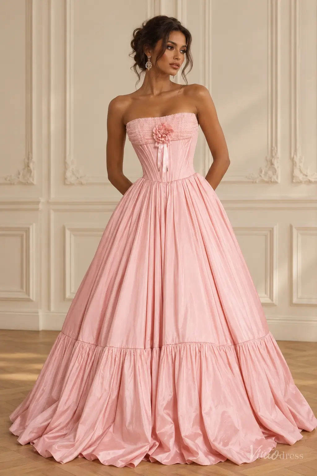 Strapless Satin Corset Ball Gown Prom Dress with Removable Bows AS122