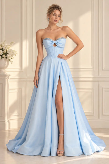 Shiny Satin Strapless Corset Prom Dress with Bow Bust, Beading & High Slit AS123