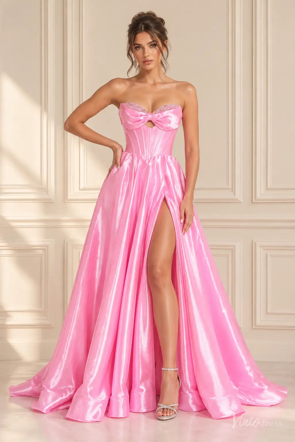 Shiny Satin Strapless Corset Prom Dress with Bow Bust, Beading & High Slit AS123