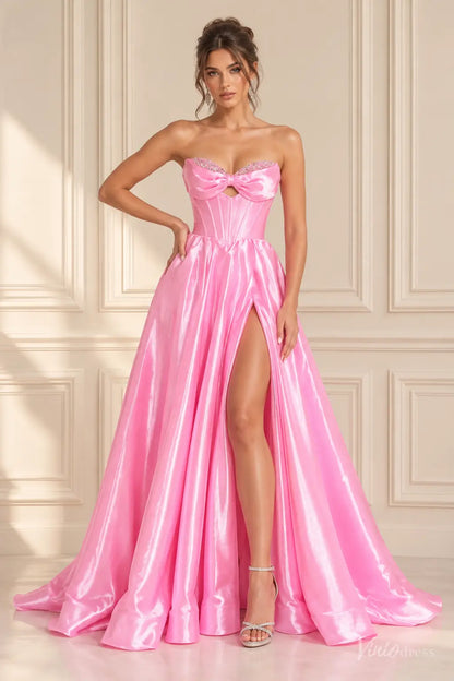 Shiny Satin Strapless Corset Prom Dress with Bow Bust, Beading & High Slit AS123