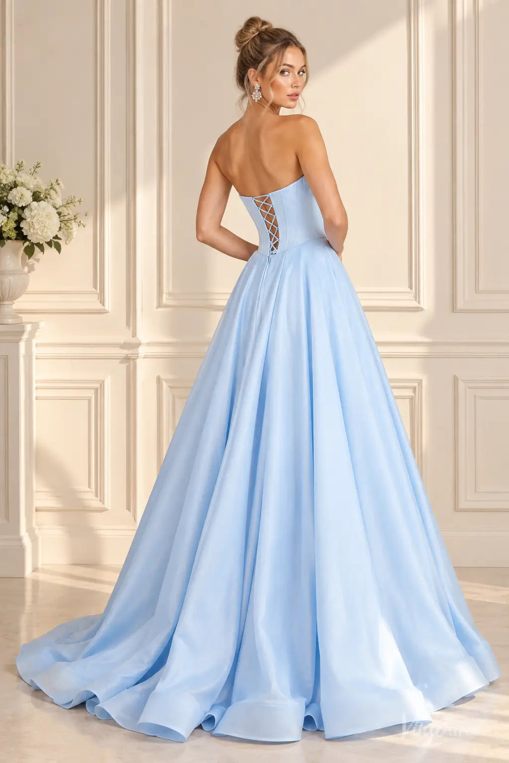 Shiny Satin Strapless Corset Prom Dress with Bow Bust, Beading & High Slit AS123
