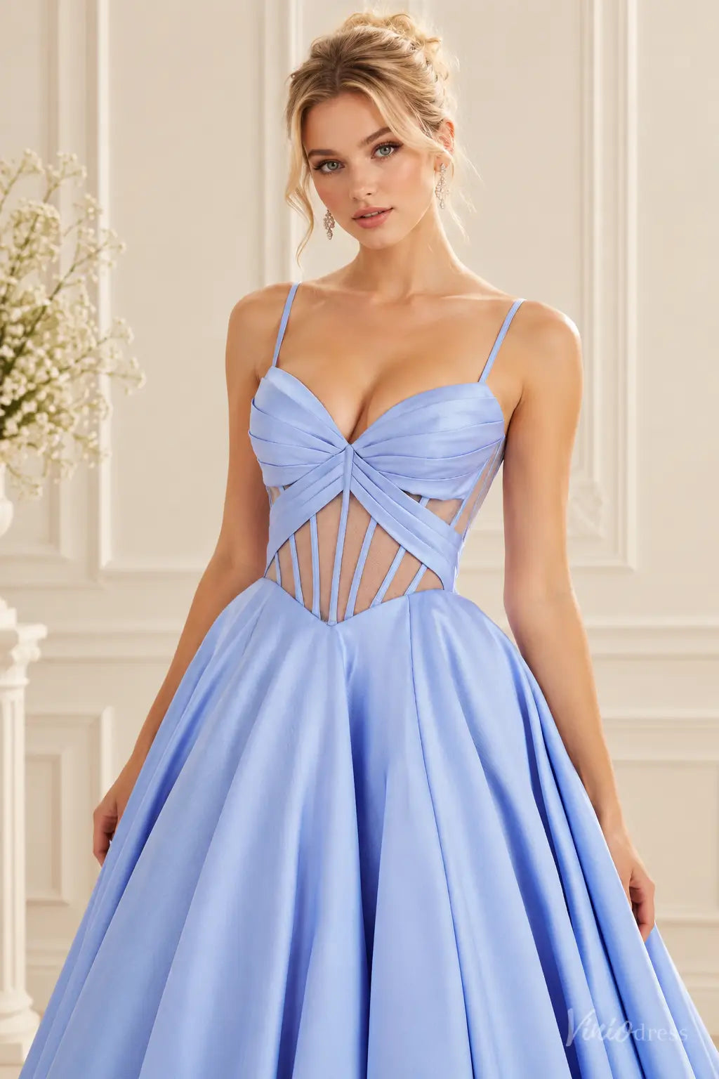 Satin Corset Ball Gown Prom Dress with Spaghetti Straps & Sheer Boned Bodice AS124