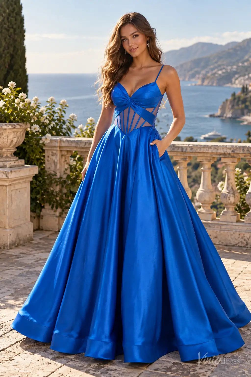 Satin Corset Ball Gown Prom Dress with Spaghetti Straps & Sheer Boned Bodice AS124