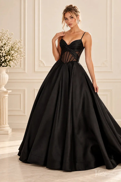 Satin Corset Ball Gown Prom Dress with Spaghetti Straps & Sheer Boned Bodice AS124