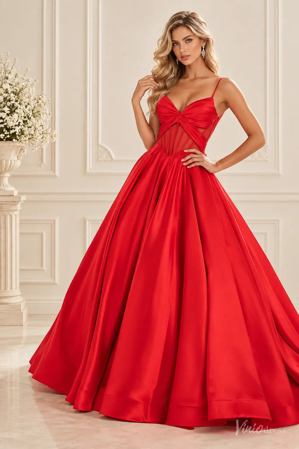 Satin Corset Ball Gown Prom Dress with Spaghetti Straps & Sheer Boned Bodice AS124