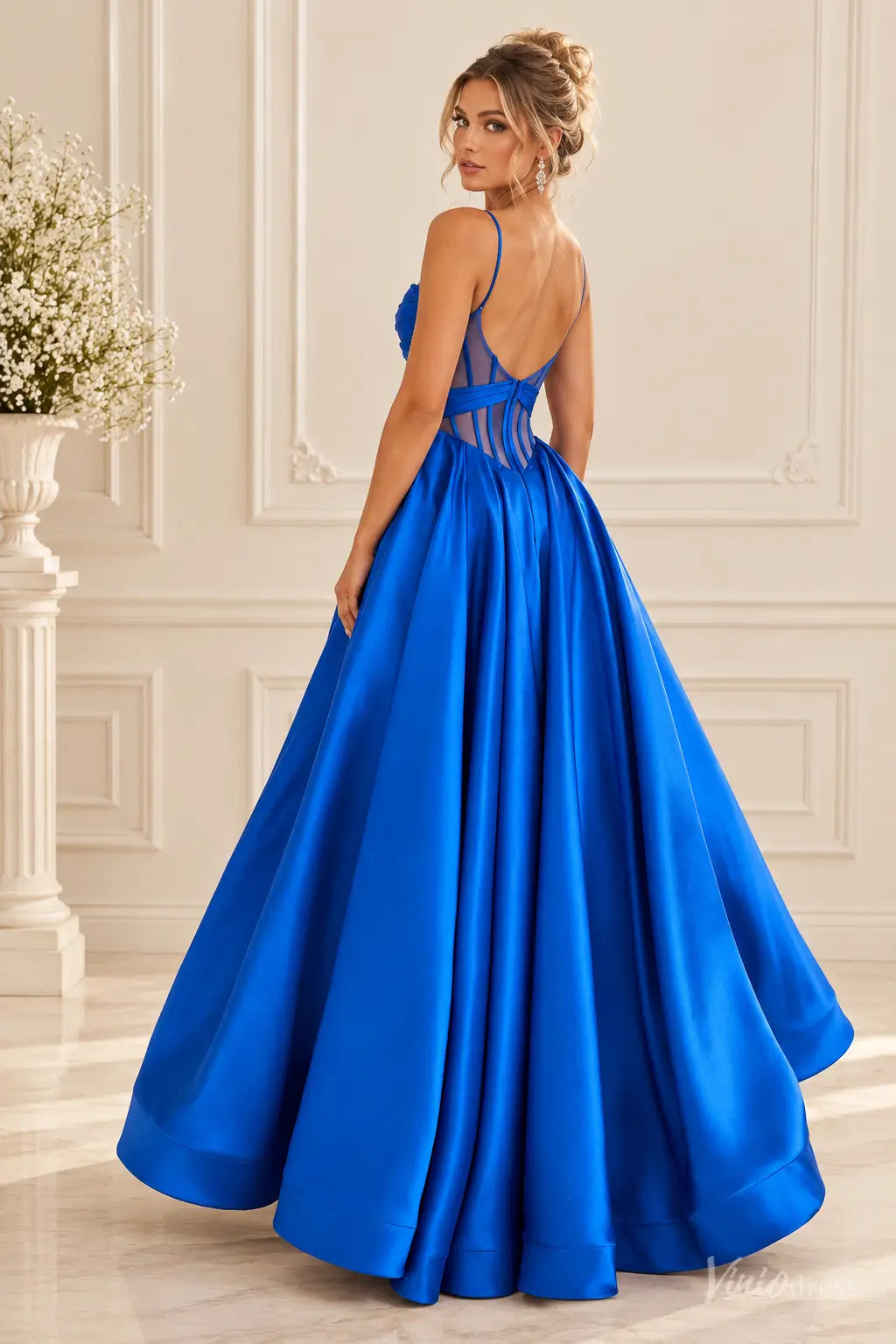 Satin Corset Ball Gown Prom Dress with Spaghetti Straps & Sheer Boned Bodice AS124