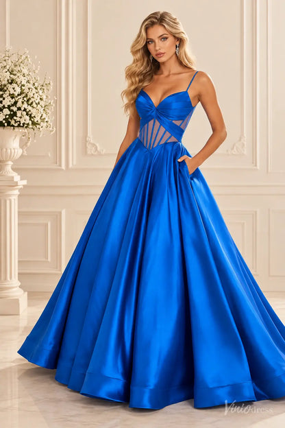 Satin Corset Ball Gown Prom Dress with Spaghetti Straps & Sheer Boned Bodice AS124