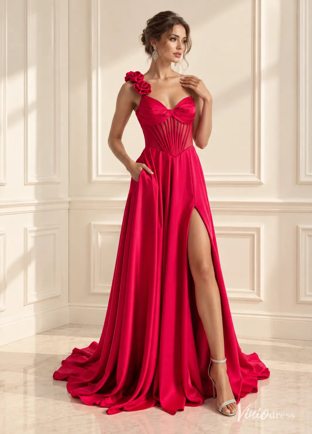 One Shoulder Satin Prom Dresses with Corset Bodice, Floral Strap, Slit & Pockets AS125
