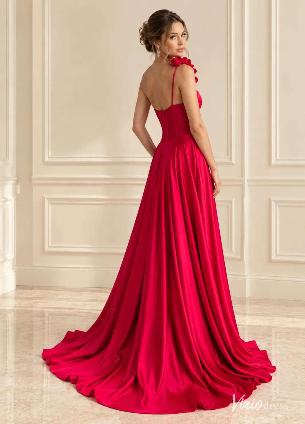 One Shoulder Satin Prom Dresses with Corset Bodice, Floral Strap, Slit & Pockets AS125